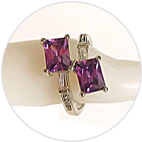 Simulated Amethyst & CZ Baguette 925 Silver Ring - Picture 2 of 10